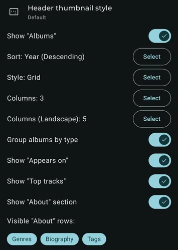 Settings - Interface - Artist page screenshot 1