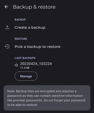 Settings - Backup & restore screenshot 1