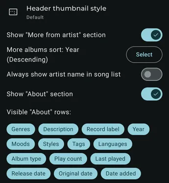 Settings - Interface - Album page screenshot 1