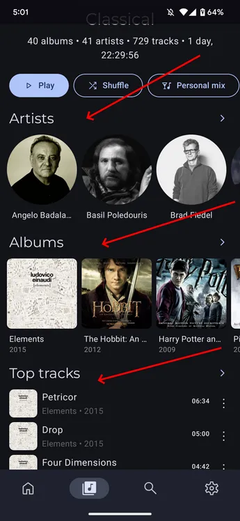 Genre details view with Artists, Albums, and Top tracks sections expanded