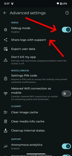 Debug mode and Share logs with support in Symfonium advanced settings