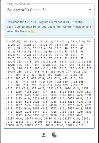 AutoEQ export page with EqualizerAPO GraphicEQ selected