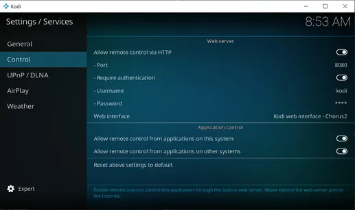 Kodi provider detailed settings list