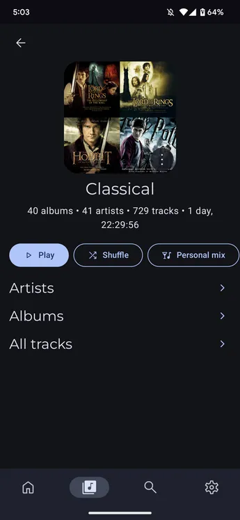 Genre details view with the Artists, Albums, and All tracks sections collapsed