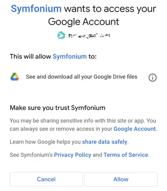 Google Drive permission screen for Symfonium media access