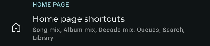 Home shortcuts setting with library shortcuts enabled