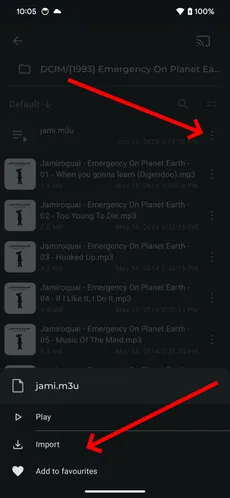 Menu de três pontos de um arquivo de playlist M3U com a ação de importação destacada