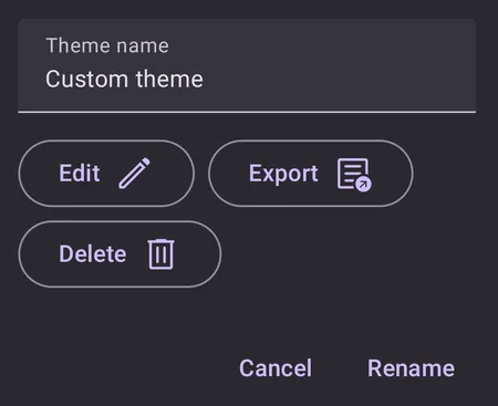 Symfonium custom theme dialog with Edit, Export, Delete, and Rename actions