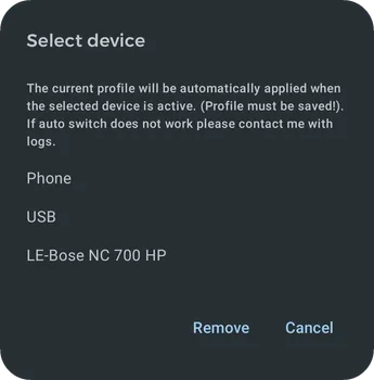 Equalizer profile output device selection screen