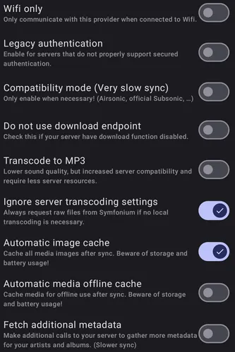 Subsonic, OpenSubsonic, or Navidrome provider detailed settings list