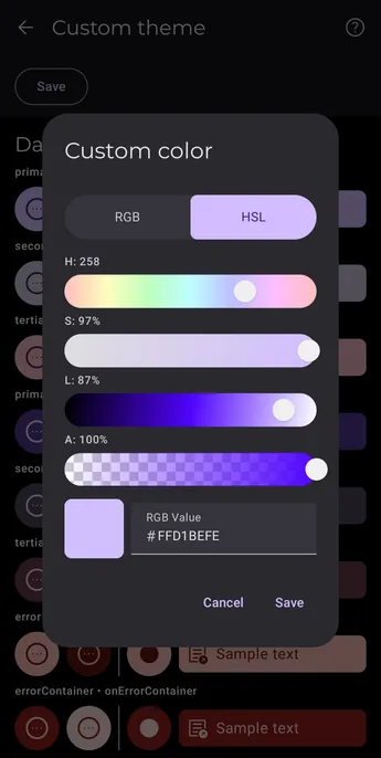 Symfonium custom theme editor with RGB and HSL color controls