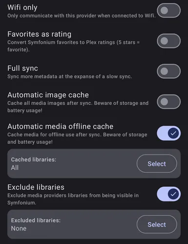 Plex provider detailed settings list