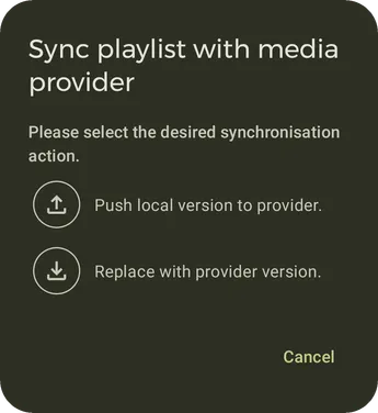 Caixa de sincronização da playlist com opções para enviar a versão local ou substituí-la pela versão do provedor