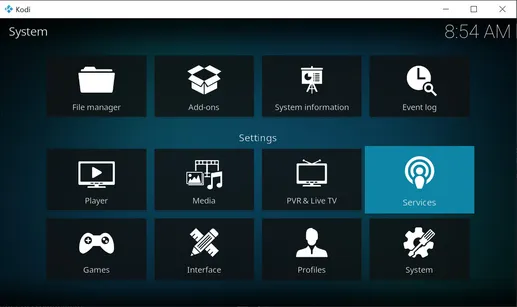 Kodi web server settings screen