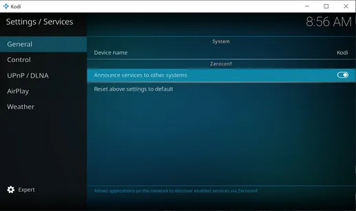 Kodi services settings screen