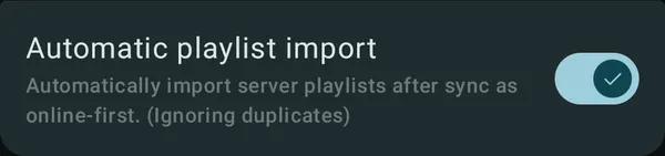 Importação automática de playlists ativada nas configurações de um servidor de música, com importação após a sincronização no modo online primeiro e ignorando duplicatas