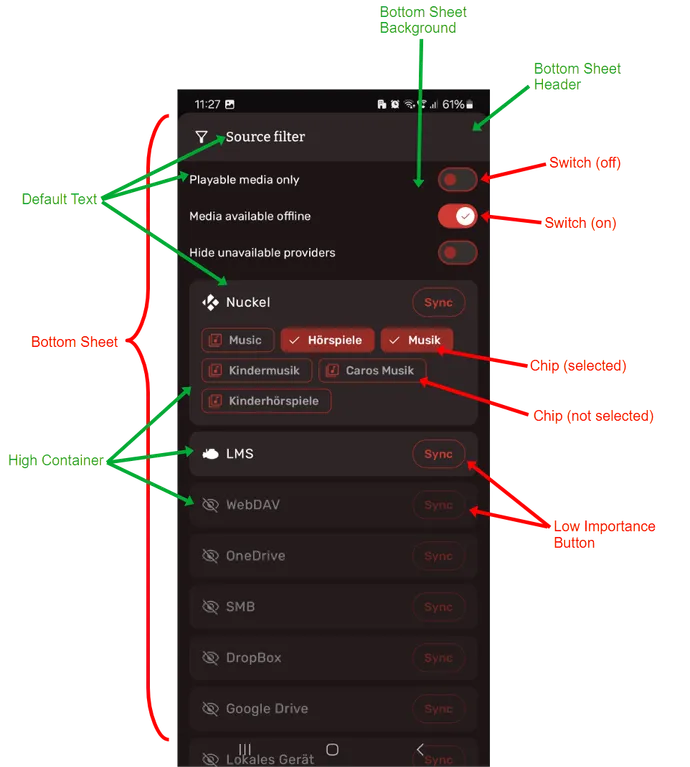 Annotated Symfonium bottom sheet theme components
