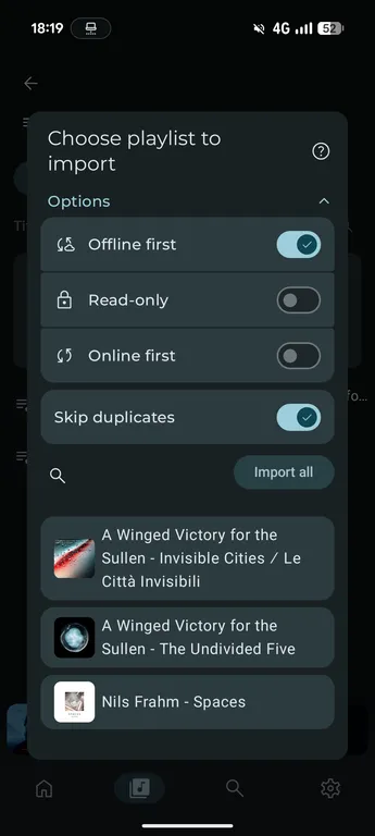 Caixa de seleção de playlists para importar com os modos offline primeiro, somente para leitura e online primeiro, além das opções para ignorar duplicatas e importar tudo