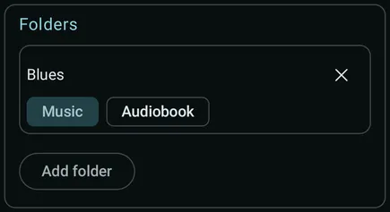 Pasta adicionada com as opções de tipo de mídia Música e Audiolivro e um botão para removê-la