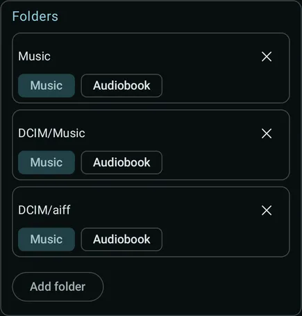 Local folders with Music and Audiobook choices, remove buttons, and an Add folder button