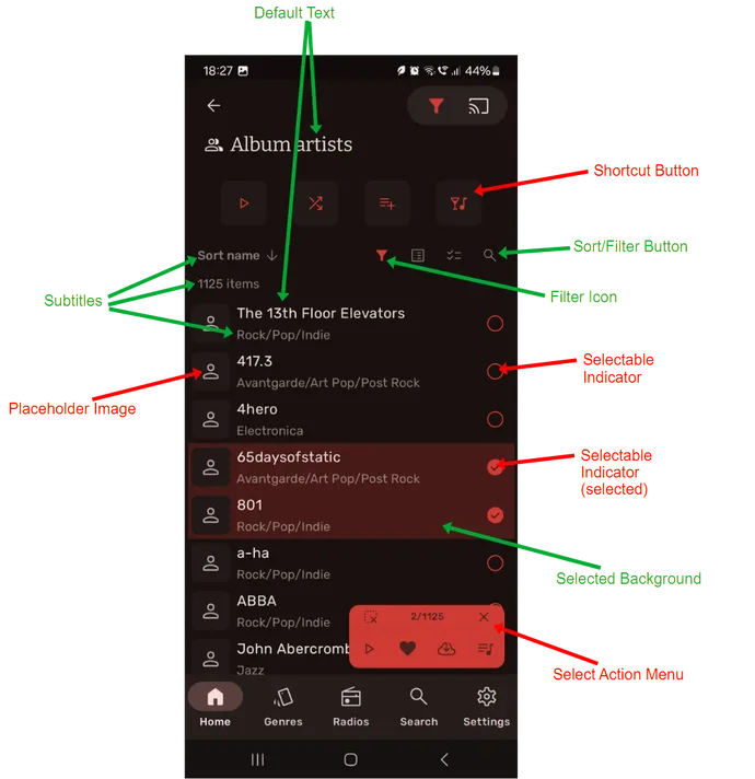 Annotated Symfonium list view and selection theme components