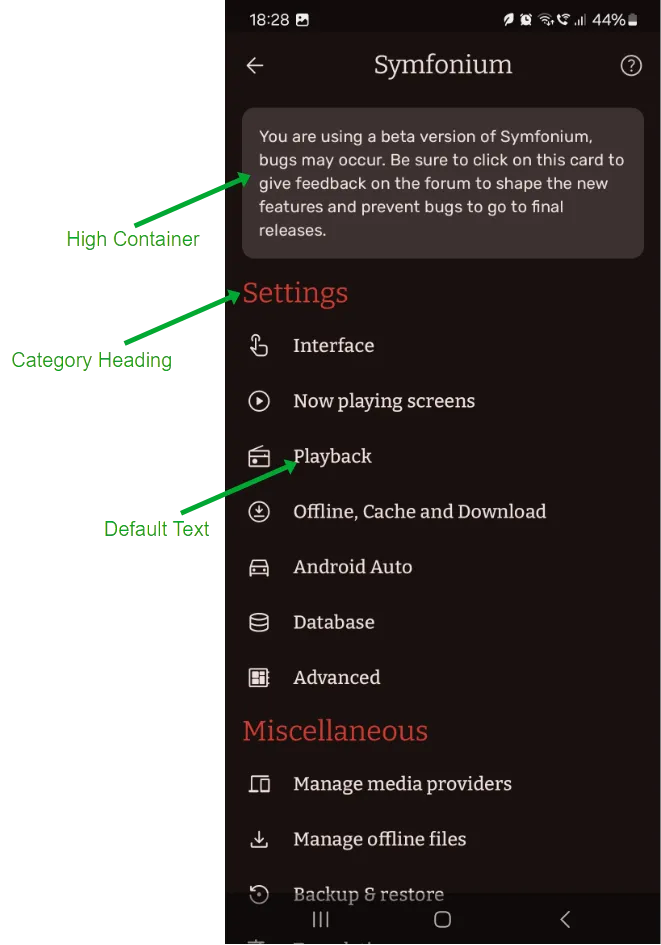 Annotated Symfonium settings screen theme components
